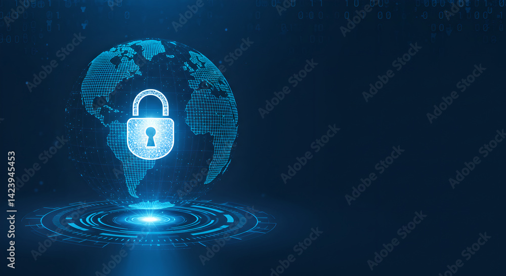 Poster digital security represented as a lock icon on a wireframe earth globe. global data protection and c