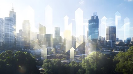 Fototapeta premium upward arrow overlay on city skyline as growth concept