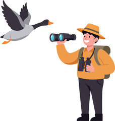 Birdwatcher observing flying goose with binoculars nature hobby wildlife activity 