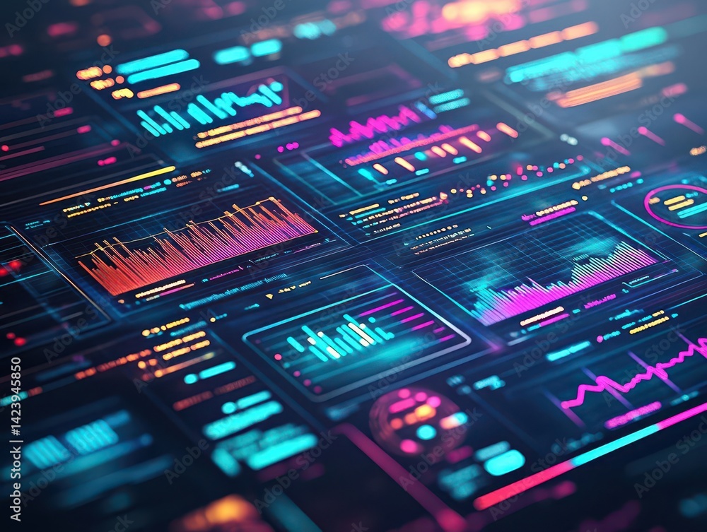 Poster comprehensive display of diverse data visualizations including charts and graphs illustrating trends