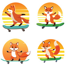 Cute Fox Riding Skateboard at Sunset Time