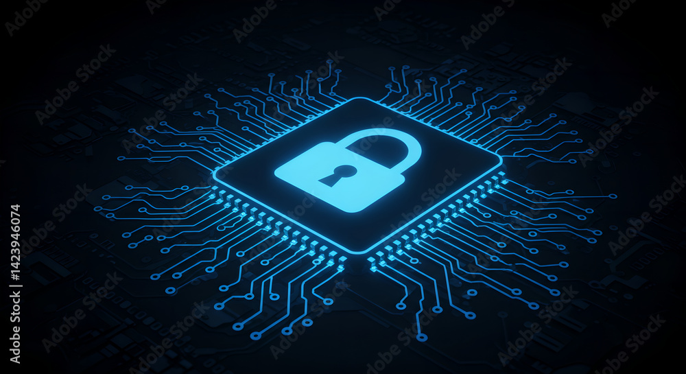 Poster glowing padlock on computer chip. blue neon lock on motherboard. abstract digital technology and dat