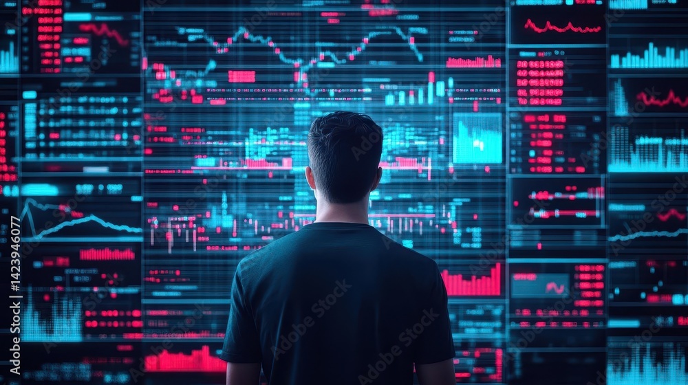 Poster a thoughtful man analyzing a dynamic wall of data visualization in a modern office environment refle