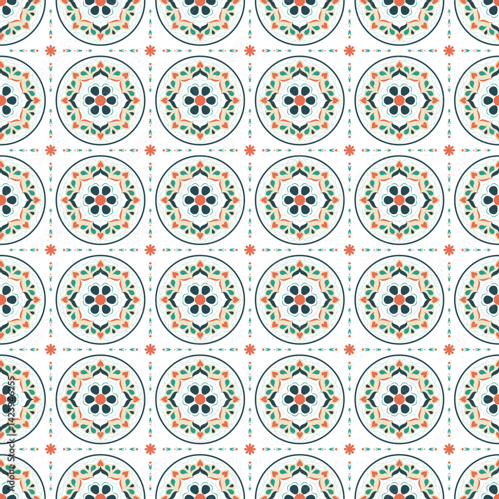 Poster tile images, vector seamless pattern design with a set of round circle and floral elements creates a
