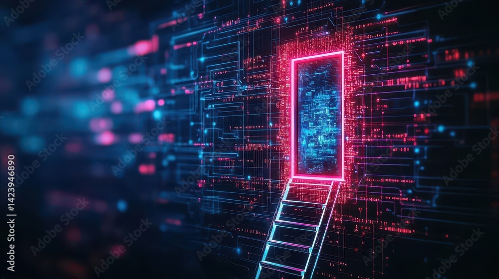 Poster futuristic computer circuit board illuminated with neon lighting creating a vibrant and dynamic tech