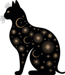A stylized silhouette of a cat, predominantly in white against a black background