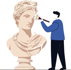 Artist sculpting classical bust statue with brush in creative workshop vector illustration 