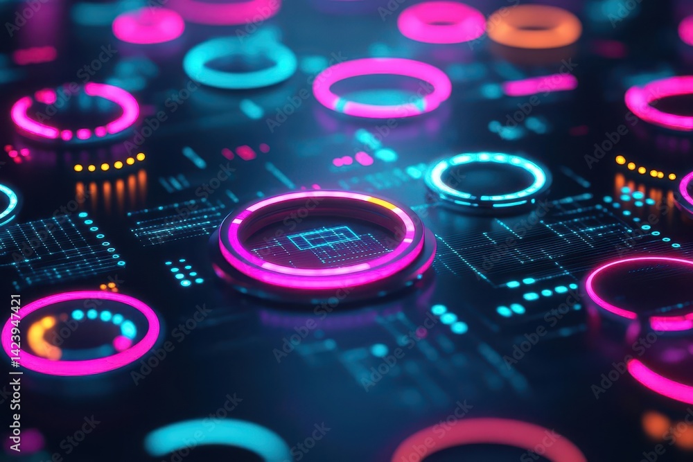Poster intricate close up of a digital circuit board featuring glowing circles and complex patterns highlig