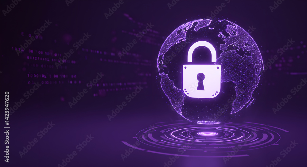 Poster global network security digital background with abstract lock icon over glowing earth grid. cybersec