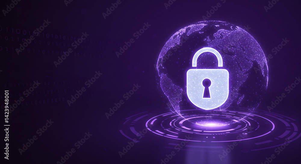 Poster glowing security lock icon on connected network globe graphic. cybersecurity technology concept with