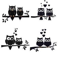Romantic Cartoon Owls on Tree at Night Vector Bundle