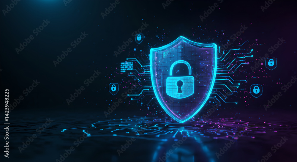 Poster digital shield with glowing lock icon on circuit board background. cybersecurity concept. abstract t