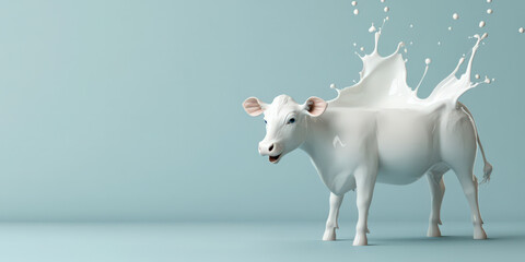 A cow made from milk, in a white color with a light blue background, with splashy liquid and splashes around the body
