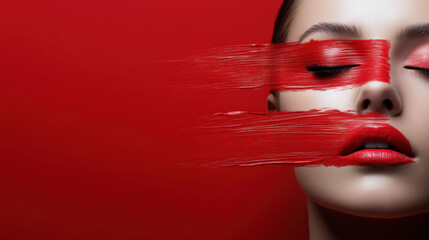 Conceptual portrait of a beautiful woman with striking red paint strokes
