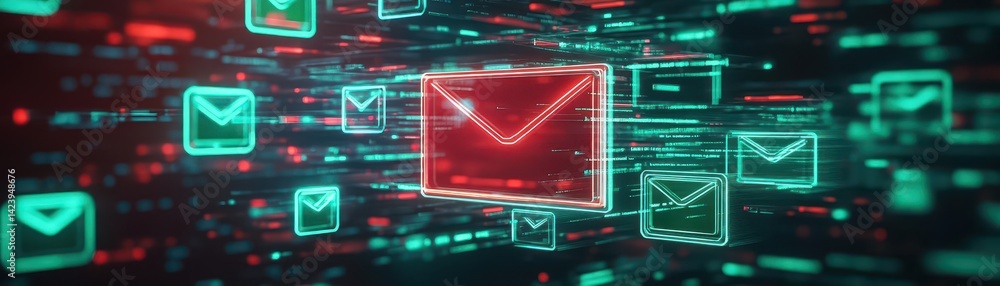 Poster vibrant red envelope icon surrounded by glowing green and red letters creating a festive atmosphere 
