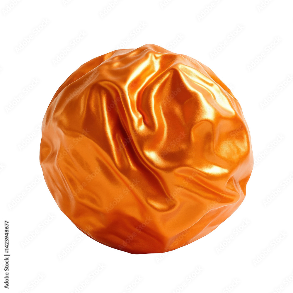 Poster a close-up view of a crumpled, shiny orange sphere with smooth reflective texture, showcasing the pl