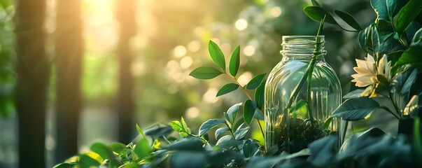 A serene scene depicting a glass jar surrounded by lush green plants in the warm sunlight. This image evokes tranquility and fosters a connection with nature's beauty.