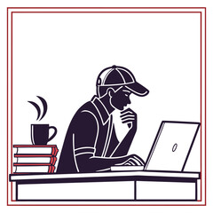 A freelancer icon with a laptop and a coffee mug on a desk vector art design , vector design ,freelancer icon .