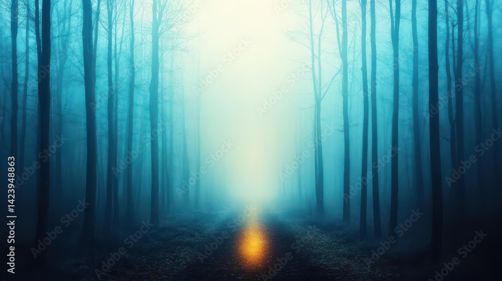 Poster mysterious dark forest pathway leading to a bright ethereal light illuminating the surrounding trees