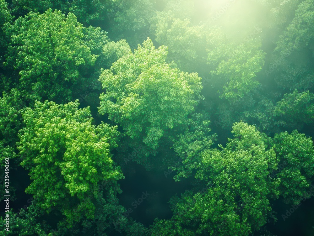 Poster lush green forest with sunlight filtering through dense leaves creating a peaceful and inviting atmo