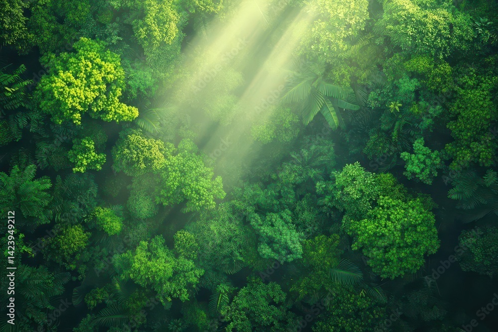 Poster sunlight filtering through dense green canopy in lush forest creating a tranquil and inviting atmosp