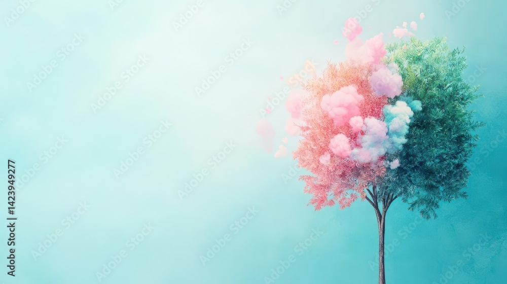 Poster surreal tree emanating ethereal pink and blue smoke creating a dreamlike atmosphere in a mystical fo