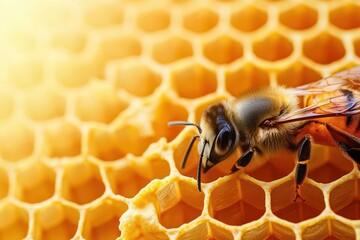 Close Up of a Bee Resting on a Honeycomb Surrounded by Golden Honey Glowing in a Warm Natural Light Evoking a Sense of Sweet Abundance and Nature