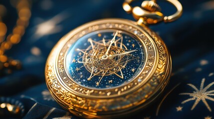 A detailed view of an ornate golden pocket watch with blue face