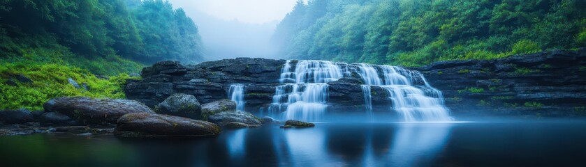 Fototapeta premium Majestic Waterfall Cascading through Lush Green Forest Surrounded by Vibrant Flora and Fauna Under a Clear Blue Sky Evoking Tranquility and Wonder