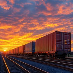 Fototapeta premium Freight Train Sunset Landscape