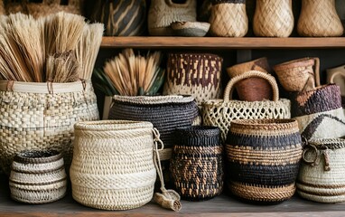 A vibrant collection of handcrafted baskets showcases intricate designs and natural materials, reflecting cultural heritage and traditional craftsmanship in home decor.