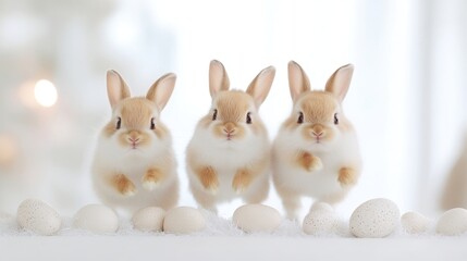 Obraz premium Three adorable fluffy bunnies stand together with white eggs in a soft setting.
