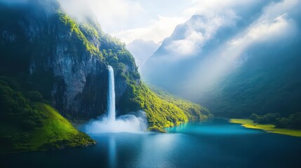Majestic Waterfall Cascading into Tranquil Lake Surrounded by Lush Greenery Creating a Breathtaking Natural Scene of Serenity and Beauty