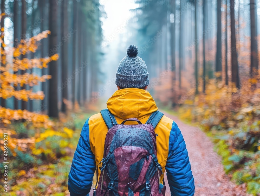 Poster a solitary man with a backpack traversing a serene forest path surrounded by lush greenery and dappl