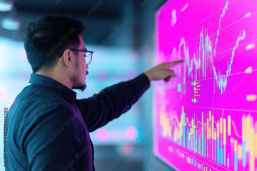 Aufkleber focused businessman pointing at digital screen displaying analytical chart data in modern office env