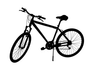 Fototapeta premium Black silhouette of bicycle standing while leaning on kickstand, top view. Bike resting on kick stand isolated on white background, 3D illustration