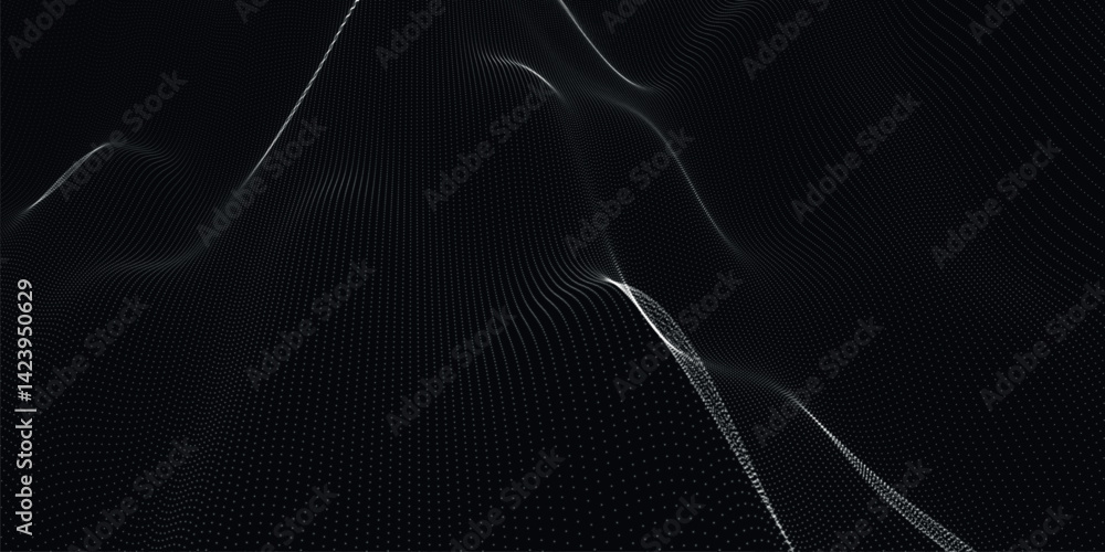 Poster futuristic dot wave. abstract digital particle wave. black and white music wave. dark background. di