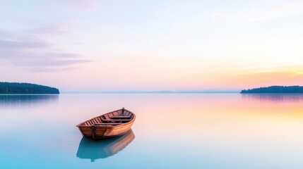 A small wooden boat floats peacefully on calm water reflecting the colorful sky.
