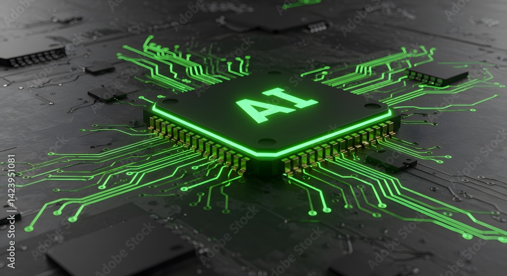 Poster ai image highlights a close-up view of an ai processor glowing green on a circuit board with radiati