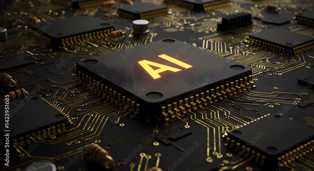 Fototapete ai image offers a detailed close-up of a central processor unit with glowing orange ai text on a cir