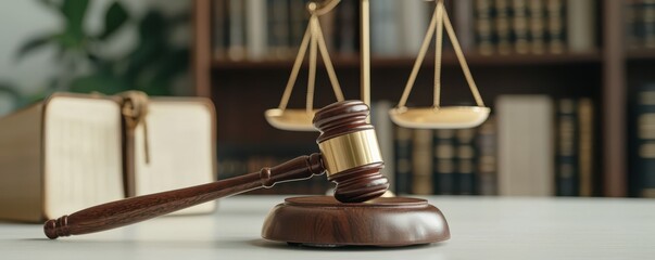 A gavel and scales of justice on a desk, symbolizing law and legal proceedings, with books blurred in the background.