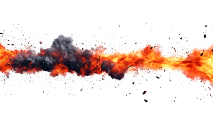  fiery explosion busting on white background. cloudy dust of explosion. 
