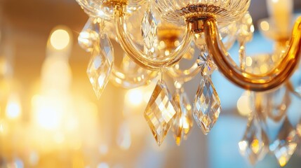 Close up view of elegant crystal chandelier details indoors