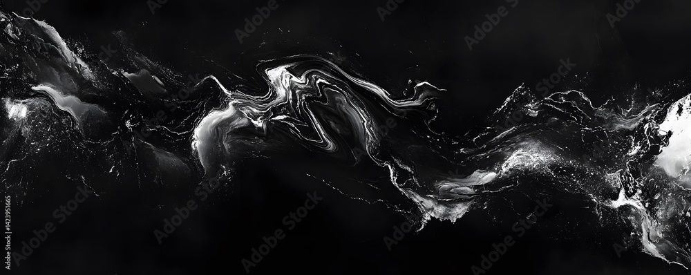 Poster elegant abstract fluid art in black and white, showcasing dynamic movement and texture, perfect for 