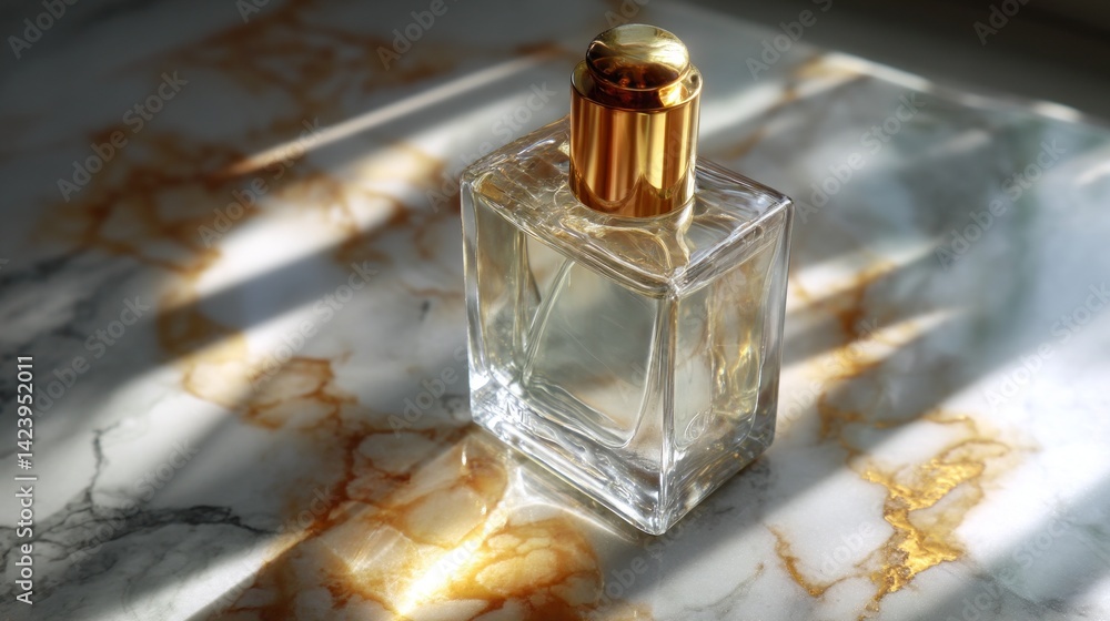 Poster golden rays filter through the window, casting enchanting shadows on a sleek glass bottle of perfume