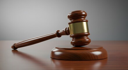 AI image presents a close-up, detailed view of a wooden judge's gavel resting on its sound block on a desk surface.