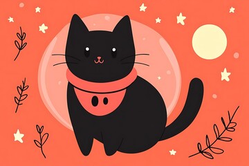 Cute black cat wearing a red bib in a night scene.