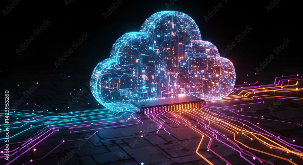 Poster glowing cloud shape with circuit board lines connected to microchip. cybersecurity and cloud technol