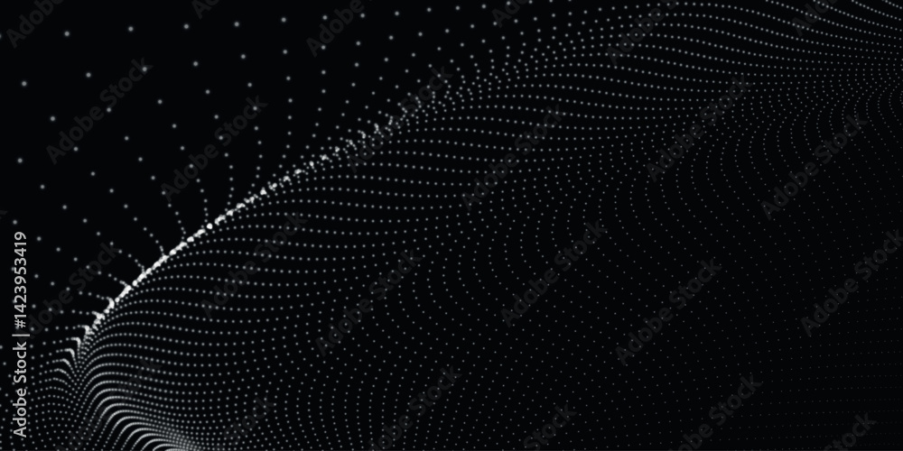 Poster futuristic dot wave. abstract digital particle wave. black and white music wave. dark background. di