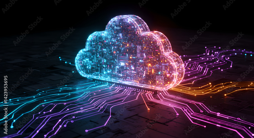 Poster digital glowing cloud connecting to abstract circuit board. technology cybersecurity concept. intern